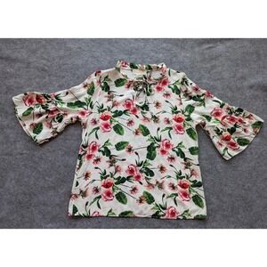 Fabios Blouse Top Sz M  Rayon Floral Tie Closure 3/4 Bell  Sleeves
